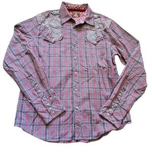 Vintage Red Plaid Western Shirt‎ Embroidered Rodeo Pearl Snap Long Sleeve Sz L